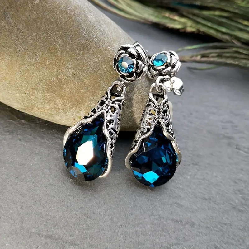 Vintage-Style Blue Crystal Drop Silver-Tone Earrings