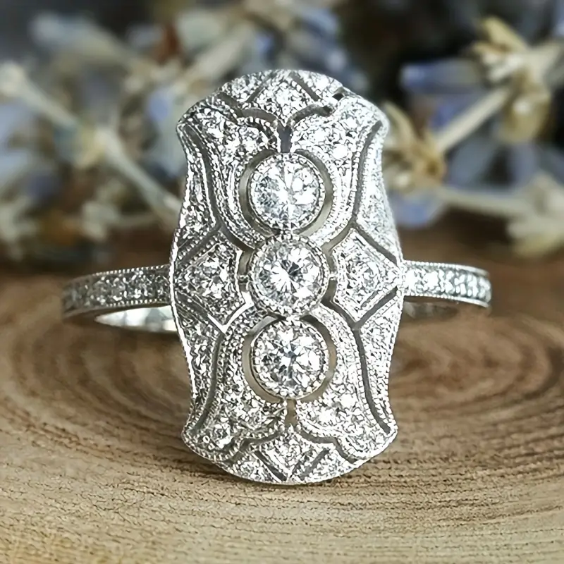 Art Deco-Style Silver-Tone Ring with Geometric Zirconia Panel