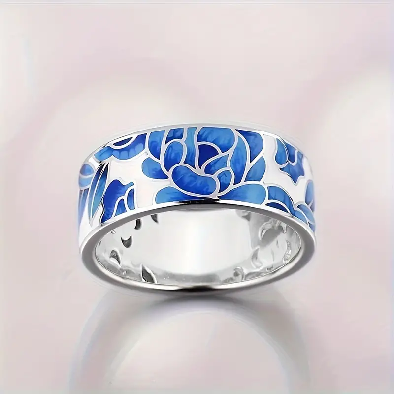 Vintage-Style Silver-Tone Blue Enamel Flower Ring