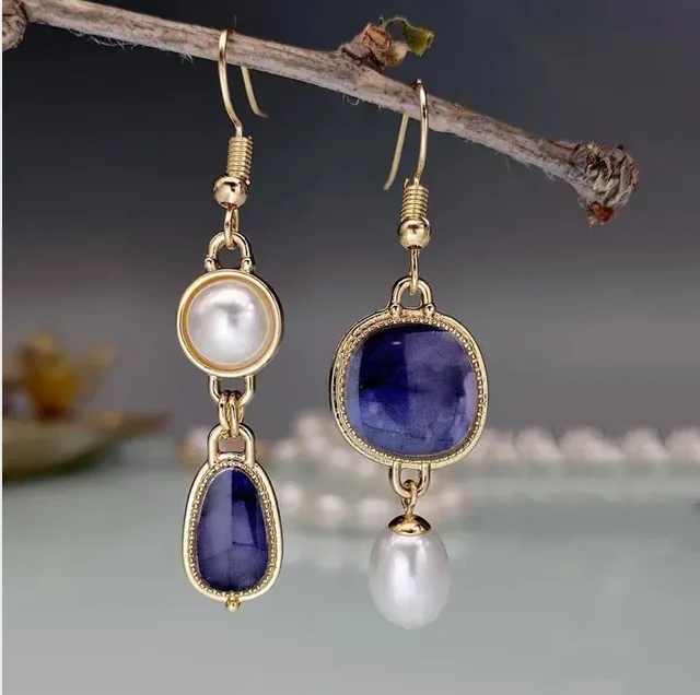 Vintage-Style Blue Stone and Pearl Gold-Tone Earrings