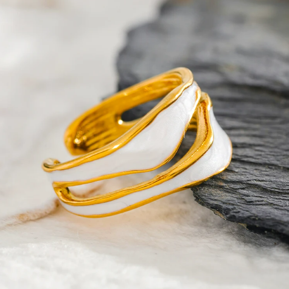 Gold-Tone Open Swirl Ring with White Enamel Stripes
