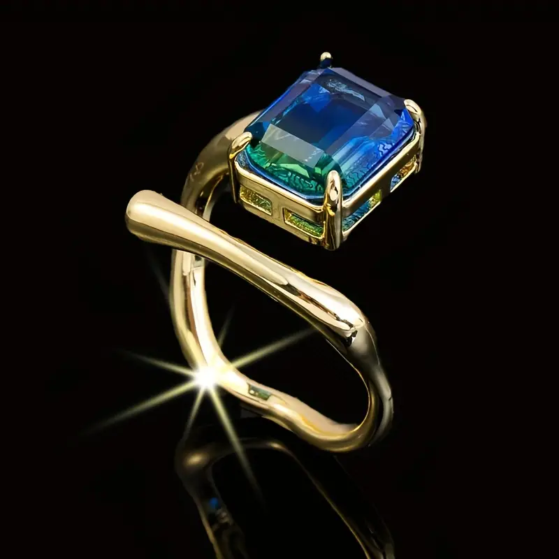 Vintage-Style Inlaid Blue Glass Gold-Tone Open Ring