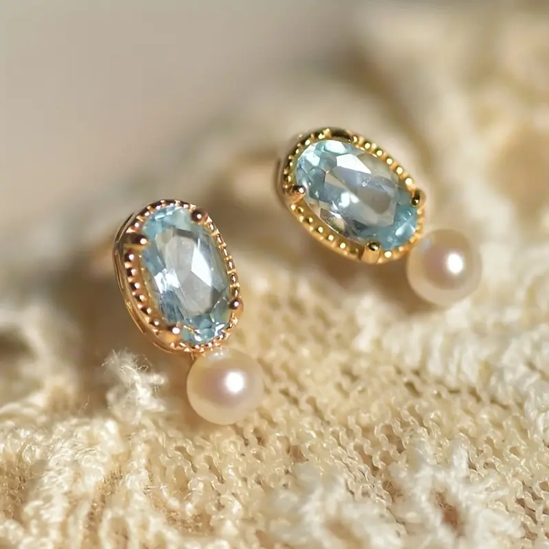 Vintage-Style Blue Crystal and Pearl Gold-Tone Earrings