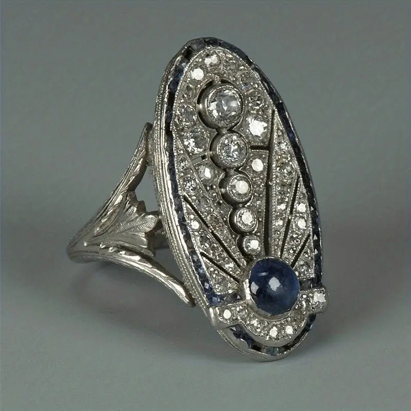 Anel Prateado Oval Brilhante Estilo Vintage
