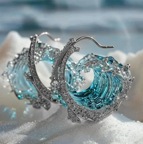 Blue Wave Glass Hoop Earrings with Pavé Edge