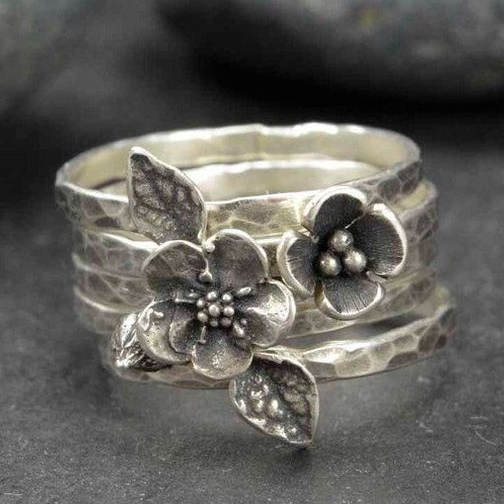 Vintage-Style Flower Layered Silver-Tone Ring