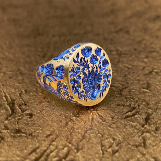 Oval Blue Mosaic-Look Gold-Tone Signet Ring