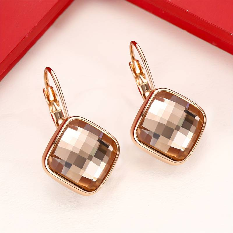 Vintage-Style Champagne Square Crystal Leverback Earrings