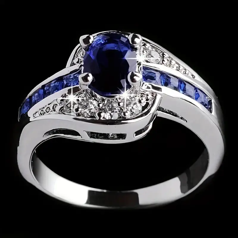 Vintage-Style Blue Crystal Silver-Tone Zirconia Ring