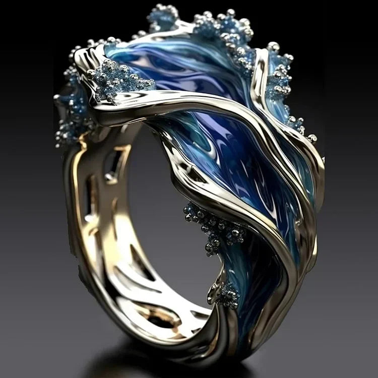 Antique-Style Ocean Wave Ring in White Gold Tone