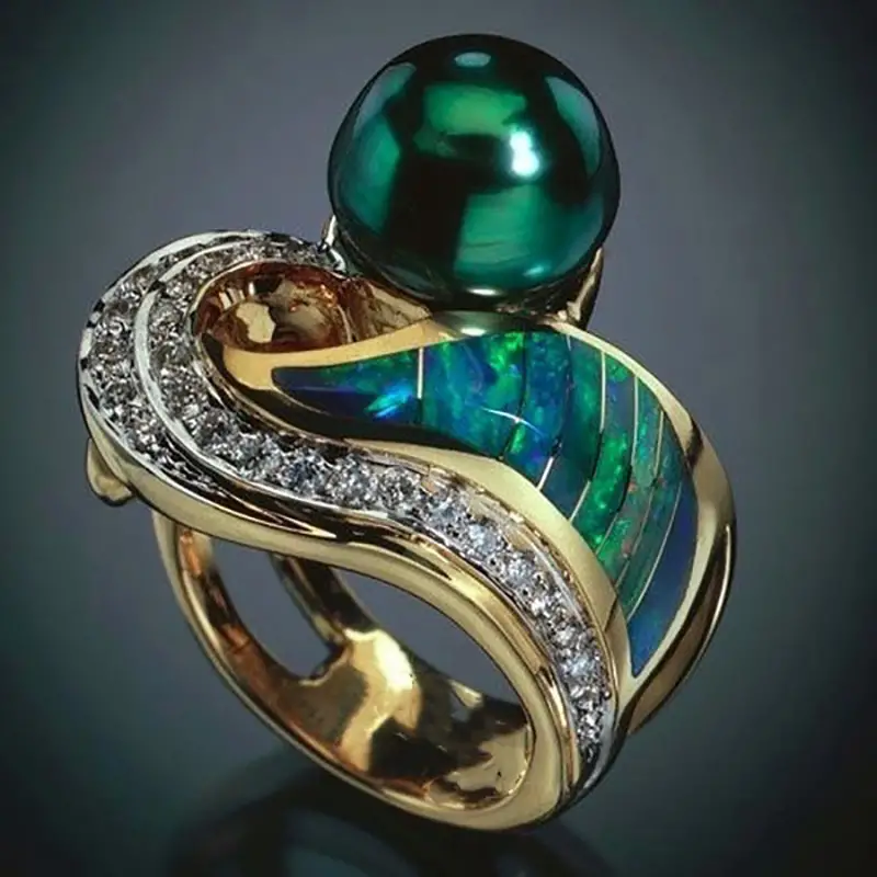 Anel com Pérola Verde e Zircónia Estilo Vintage