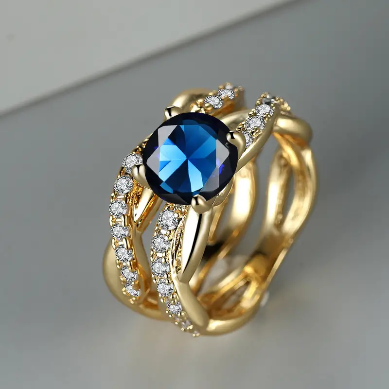 Vintage-Style Layered Blue Zirconia Gold-Tone Ring