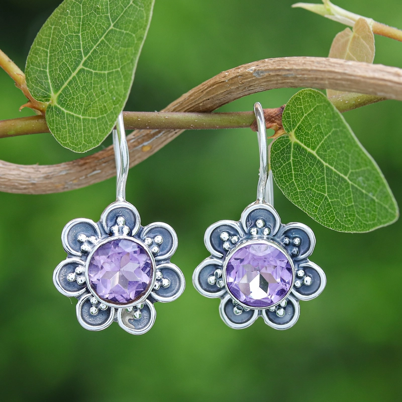 Pendientes de flor de cristal morado de estilo vintage