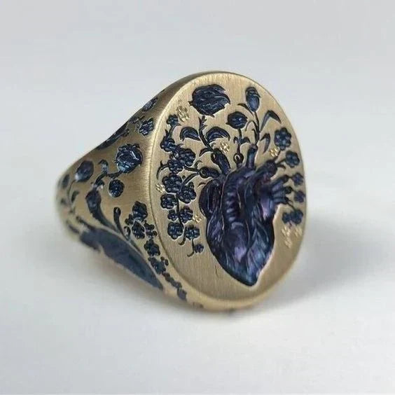 Vintage-Style Blue Floral Seal Gold-Tone Ring