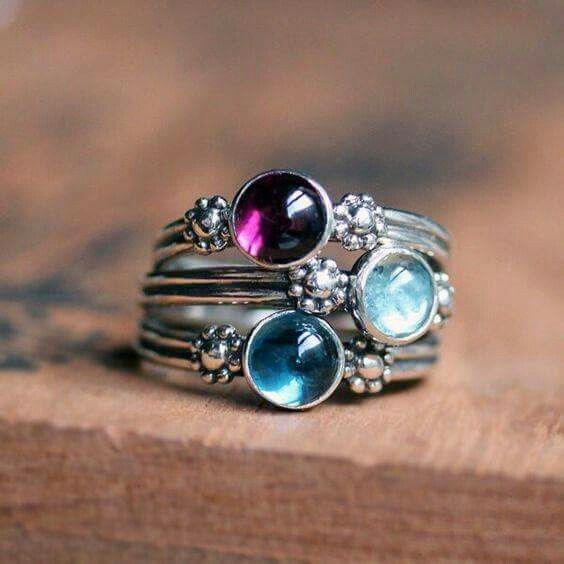 Vintage-Style Colourful Stones Layered Silver-Tone Ring