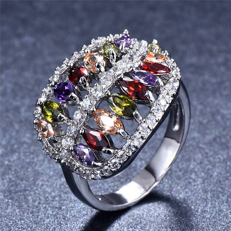 Vintage-Style Colourful Crystal Leaf Silver-Tone Ring