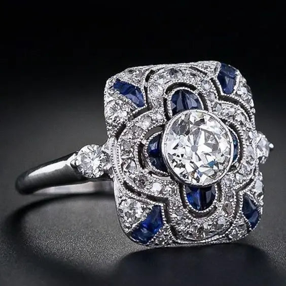 Vintage-Style Silver-Tone Ring with Blue Zirconia