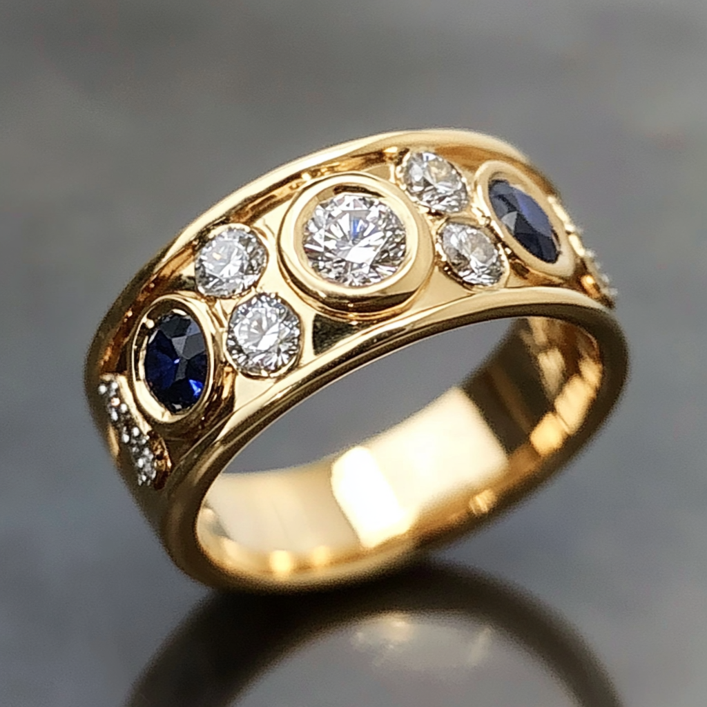 Vintage-Style Inlaid Blue and White Crystal Ring
