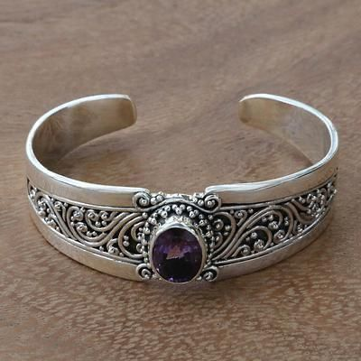 Vintage-Style Ornate Silver-Tone Cuff with Dark Stone