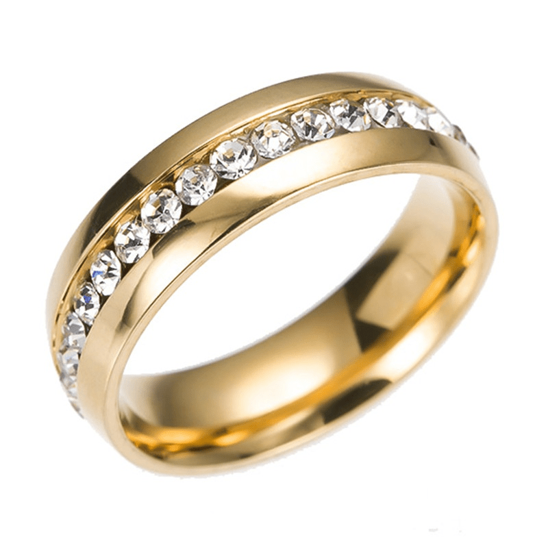 Wide Gold-Tone Band Ring with Inset Zirconia Stones