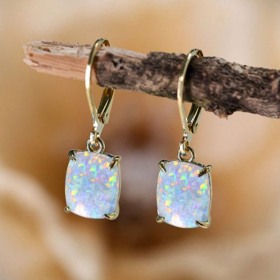 Vintage-Style White Opal-Look Cushion Stone Drop Earrings