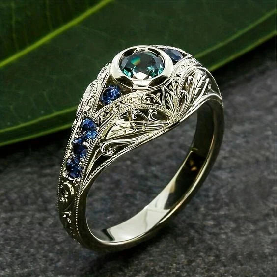 Vintage-Style Blue and Green Bright Silver-Tone Ring