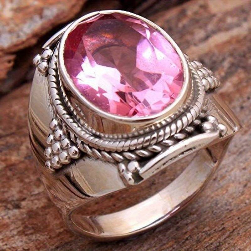 Vintage-Style Pink Crystal Silver-Tone Ring