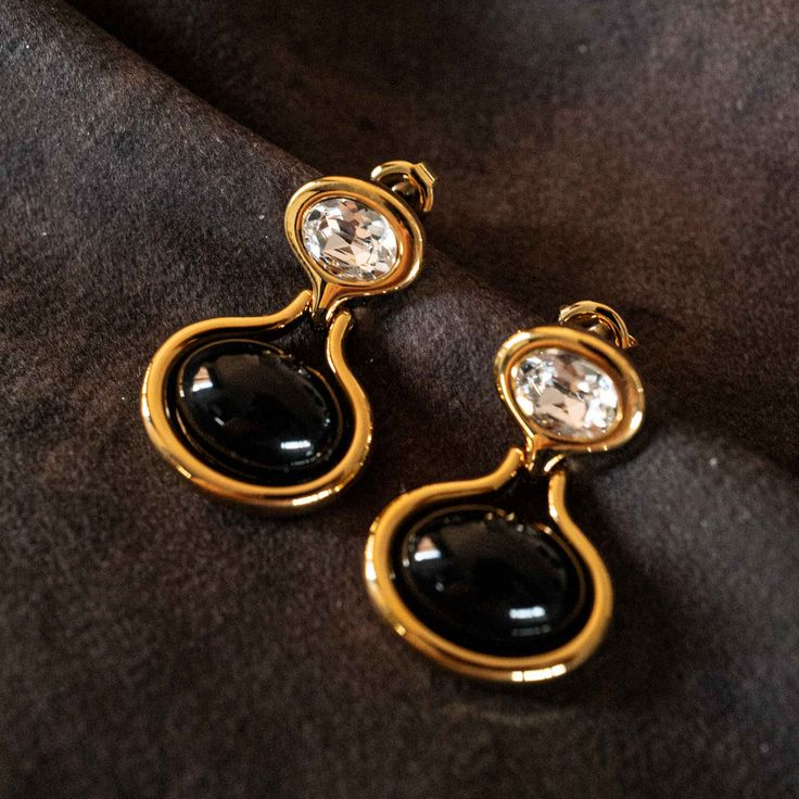 Vintage-Style Black Stone Double Drop Earrings in Gold Tone