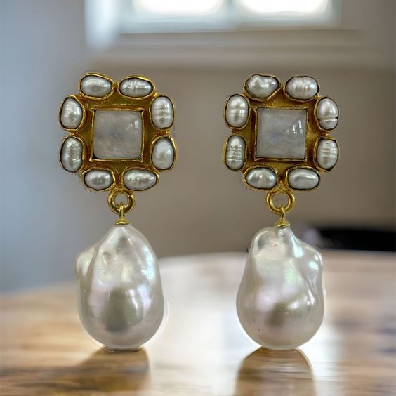 Vintage-Style Baroque Pearl Earrings with Pearl Frame Stud