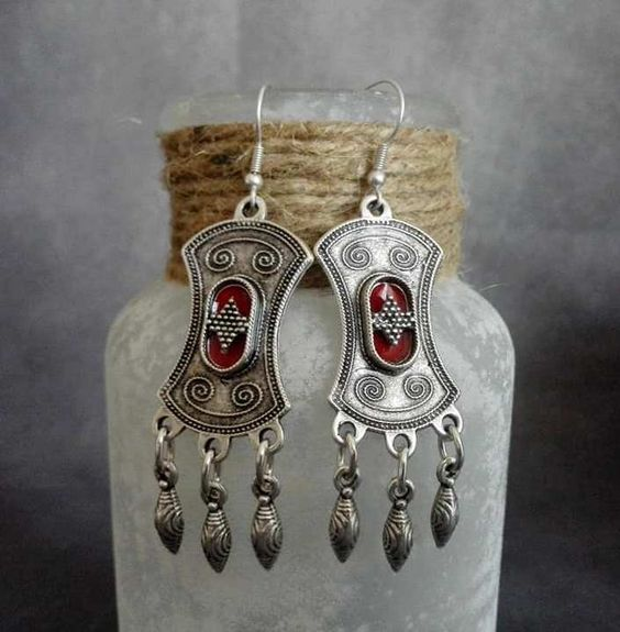 Vintage-Style Silver-Tone Red Stone Tassel Dangle Earrings