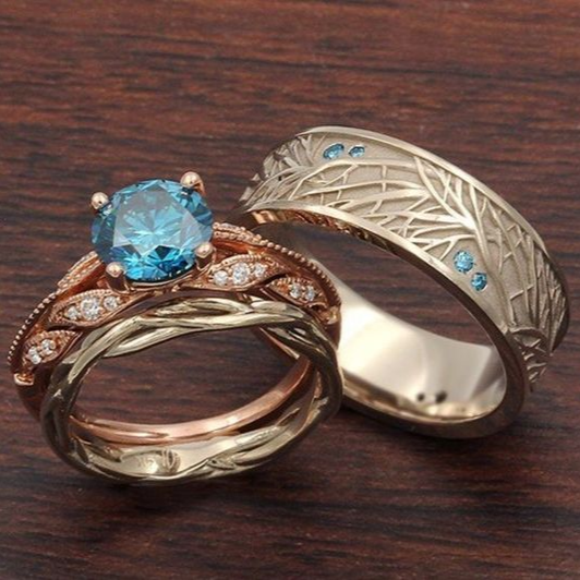 Vintage-Style Blue Crystalline Gold-Tone Ring Set