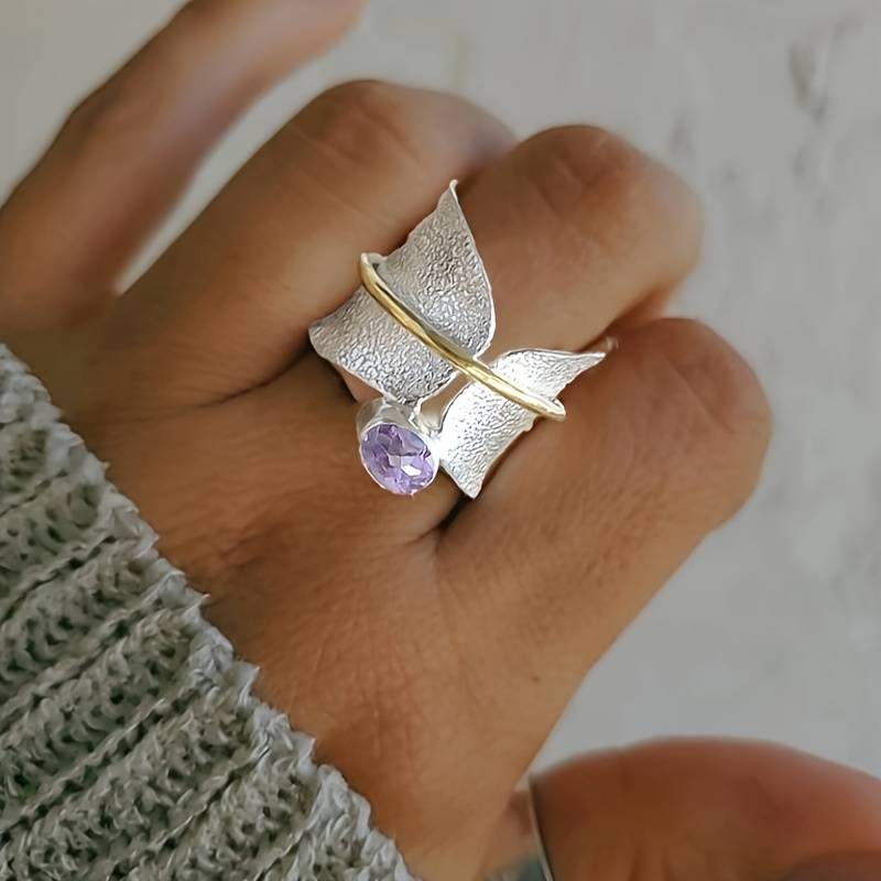 Vintage-Style Silver-Tone and Purple Zirconia Ring