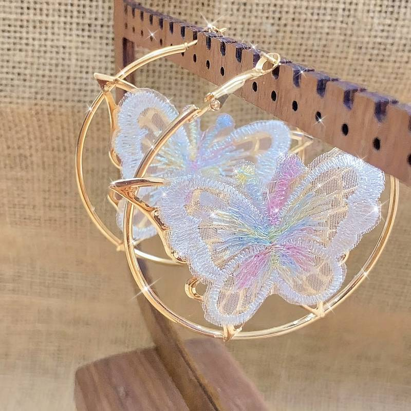 Vintage-Style White Butterfly Hoop Earrings