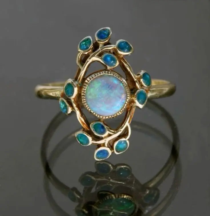 Vintage-Style Blue Crystal and Opal-Look Ring