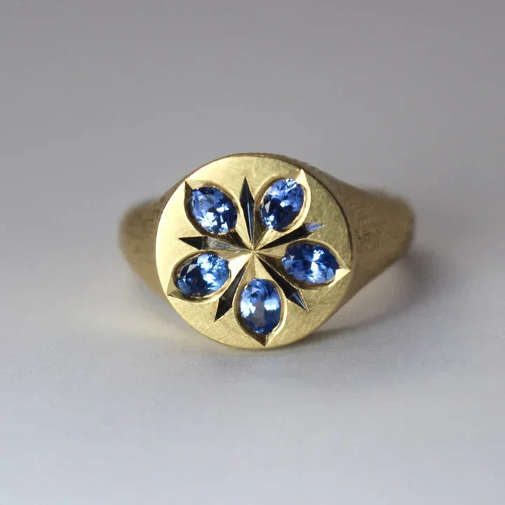 Vintage-Style Blue Star Gold-Tone Seal Ring