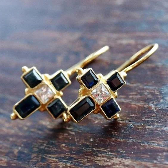 Vintage-Style Black and Zirconia Gold-Tone Earrings