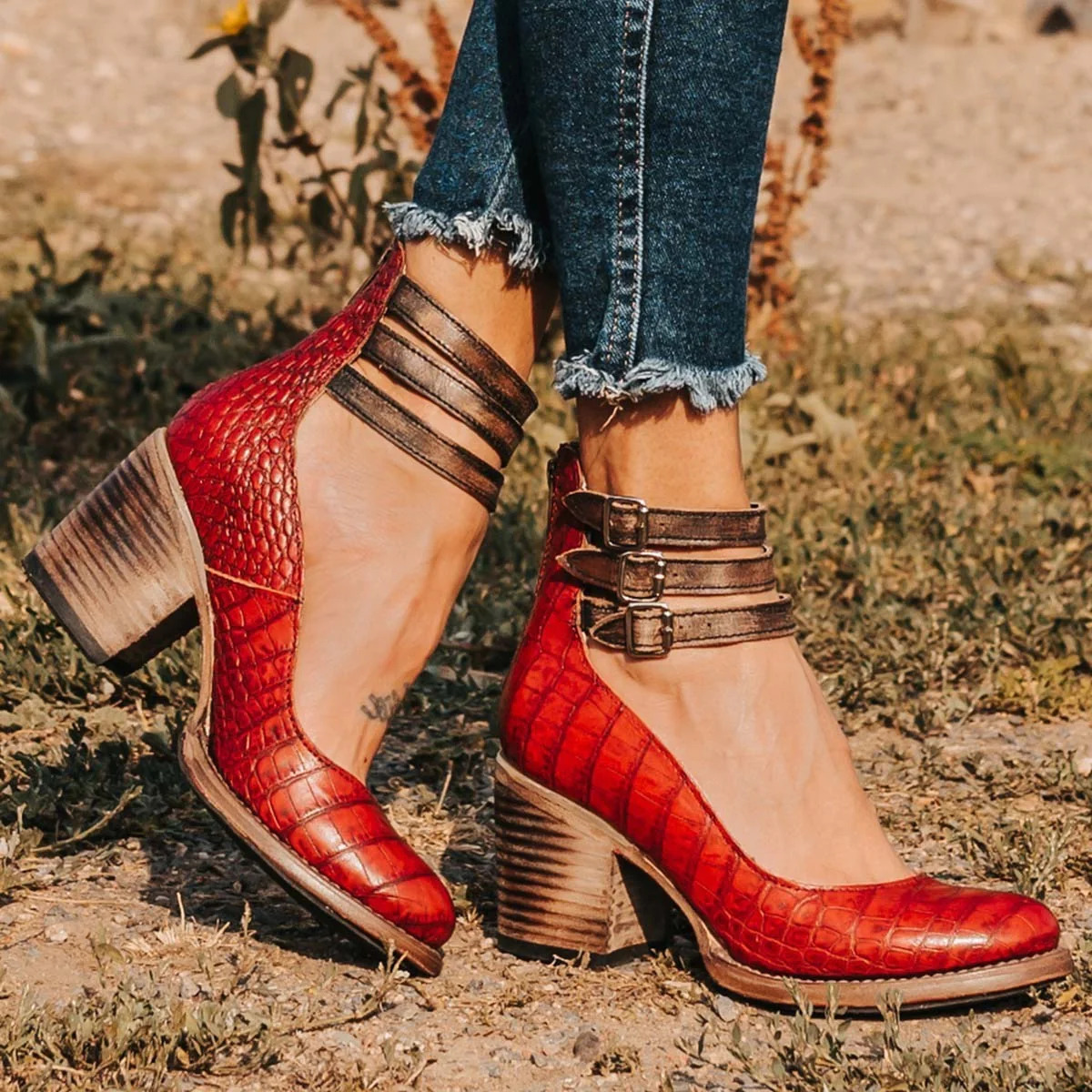 Faux Leather Triple Strap Block Heel Sandals