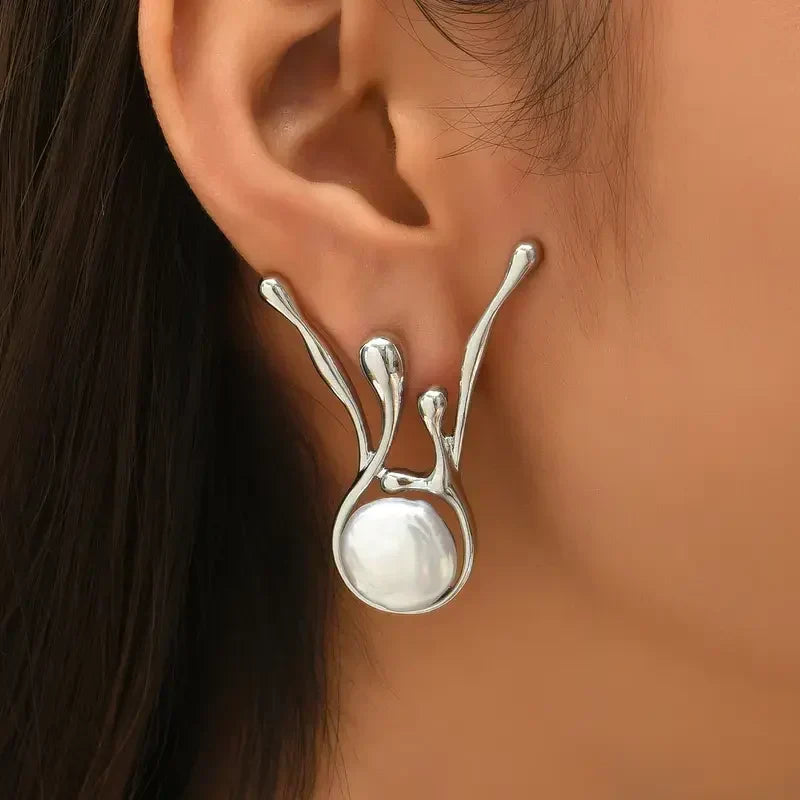 Antique-Style Irregular Pearl Earrings in White Gold Tone