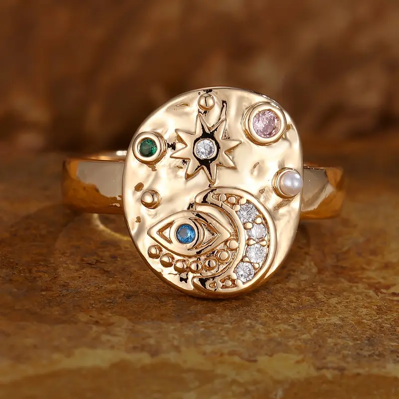 Vintage-Style Sun and Moon Crystal Gold-Tone Ring