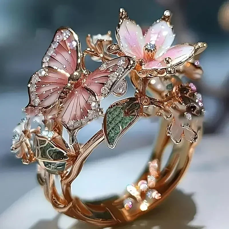 Anel Borboleta Natureza Dourado com Zircónias Ajustável