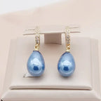 Blue Pearl Drop Earrings in Gold Tone