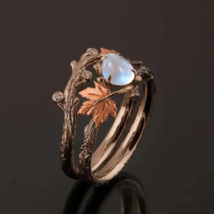 Sieradenset met maansteen en tak, met ring