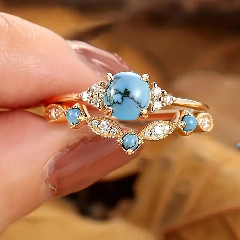 Blue Opal-Look Gold-Tone Zirconia Ring