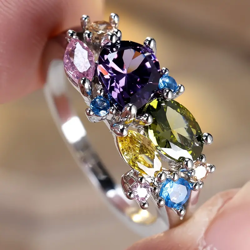 Vintage-Style Colourful Crystal Silver-Tone Ring