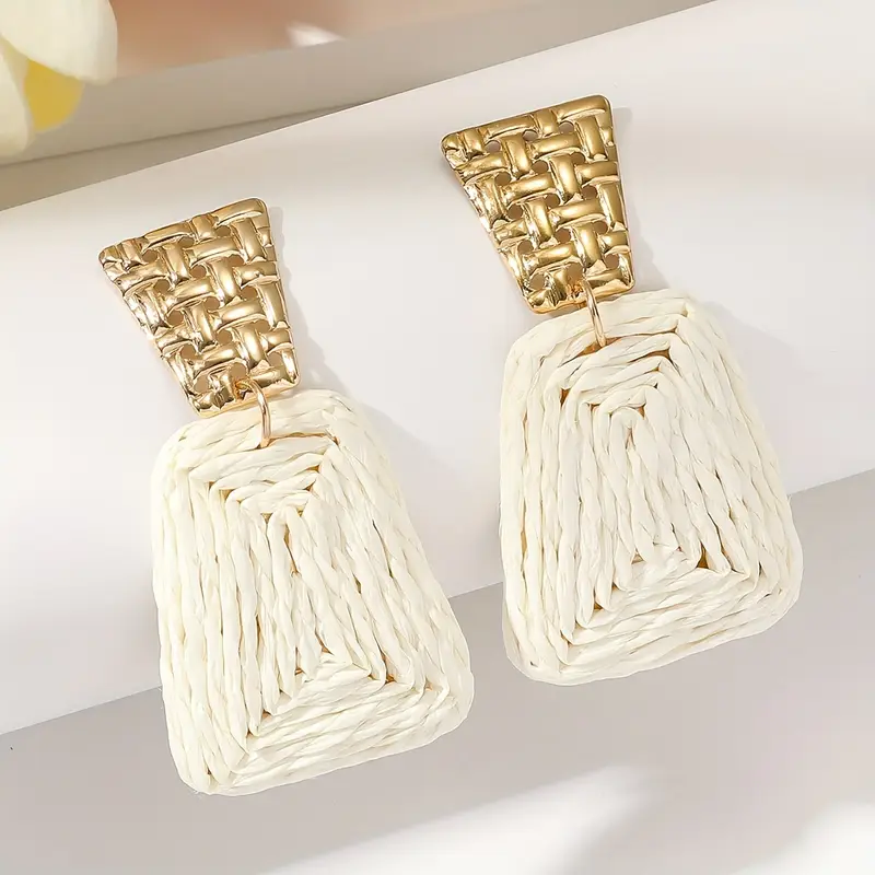 White Woven Rectangle Drop Earrings with Gold-Tone Top
