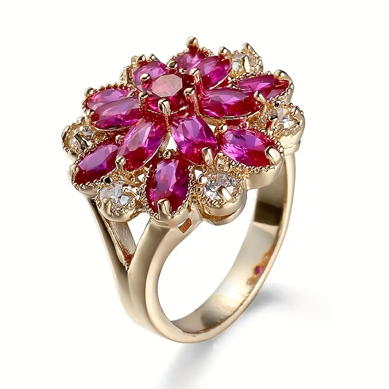 Vintage-Style Garnet Crystal Flower Gold-Tone Ring