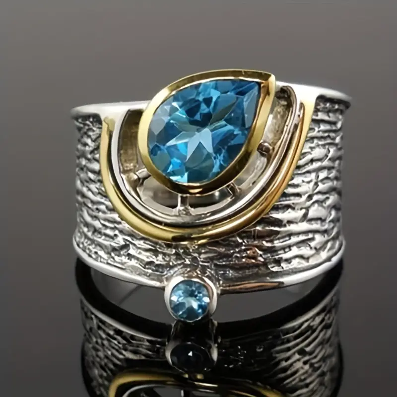 Vintage-Style Blue Inlaid Drop Two-Tone Ring