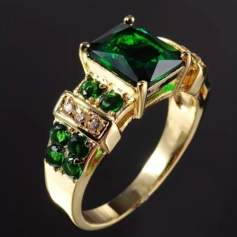 Gold-Tone Ring with Square Emerald-Look Stone and Side Stones