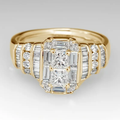 Brede goudkleurige ring met baguette- en prinsesgeslepen kristallen