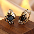 Black Zirconia Flower Cluster Gold-Tone Earrings